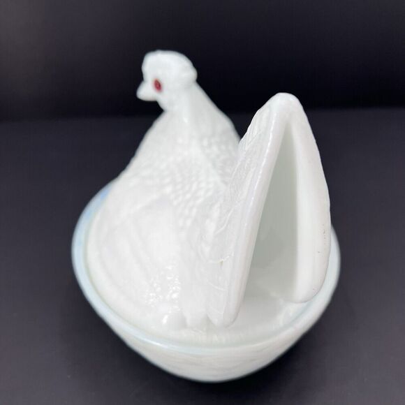 Antique Milk Glass Large Nesting Chicken Hen on Basket Covered Dish - Picture 6 of 13